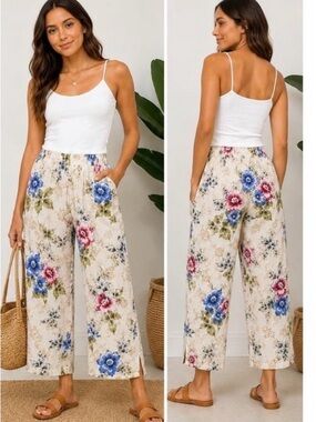 Aloha Hut Hawaii Pants Womens‎ Large Floral Rayon Cropped Wide Leg Elastic Waist